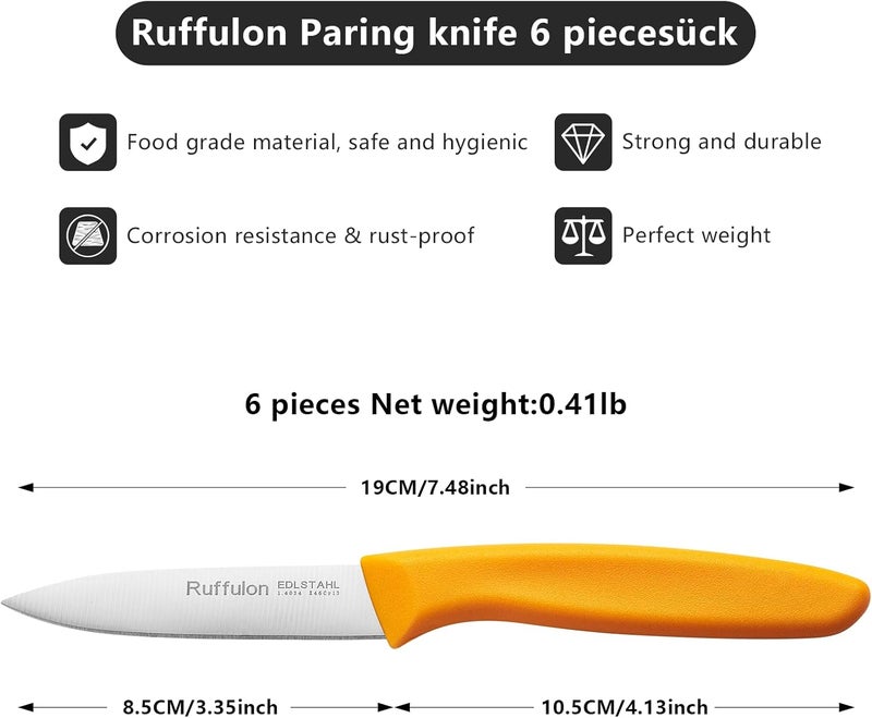 Ruffulon Paring Knife Fruit Knife Set (6 Pieces), Ultra Sharp Stainless Steel Vegetable and Fruit Knife with PP Plastic Ergonomic Handle for Cutting Fruits and Vegetables,Orange - Image 2